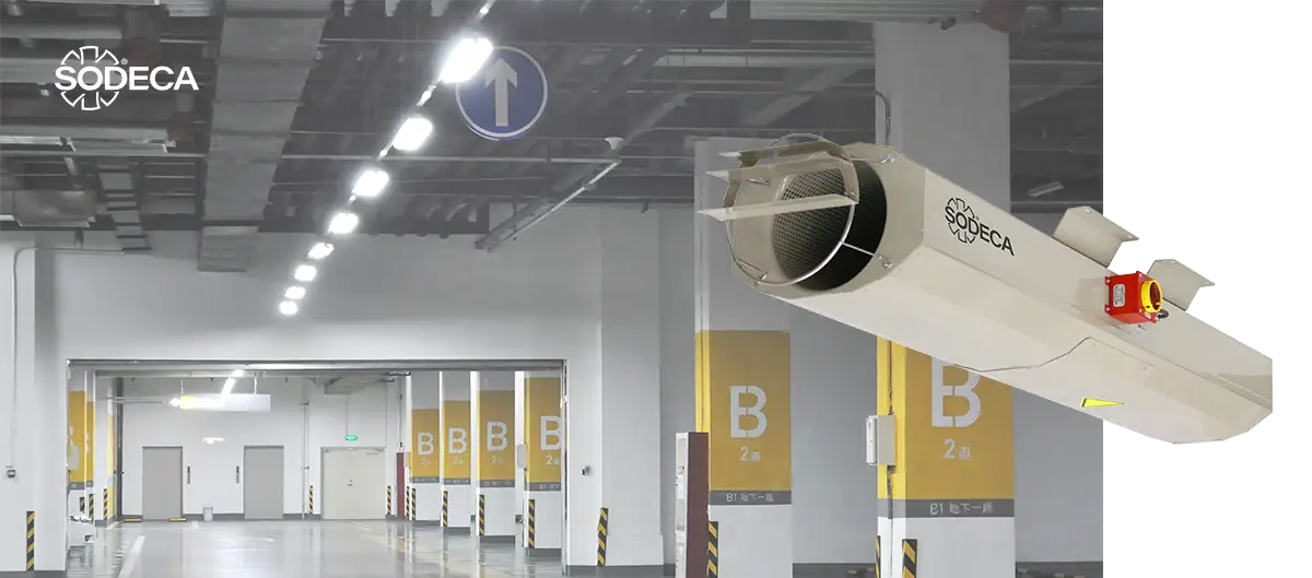 **ALT text:** SODECA THT Jet Fan for efficient ventilation and CO and NO₂ pollutant control in car parks.