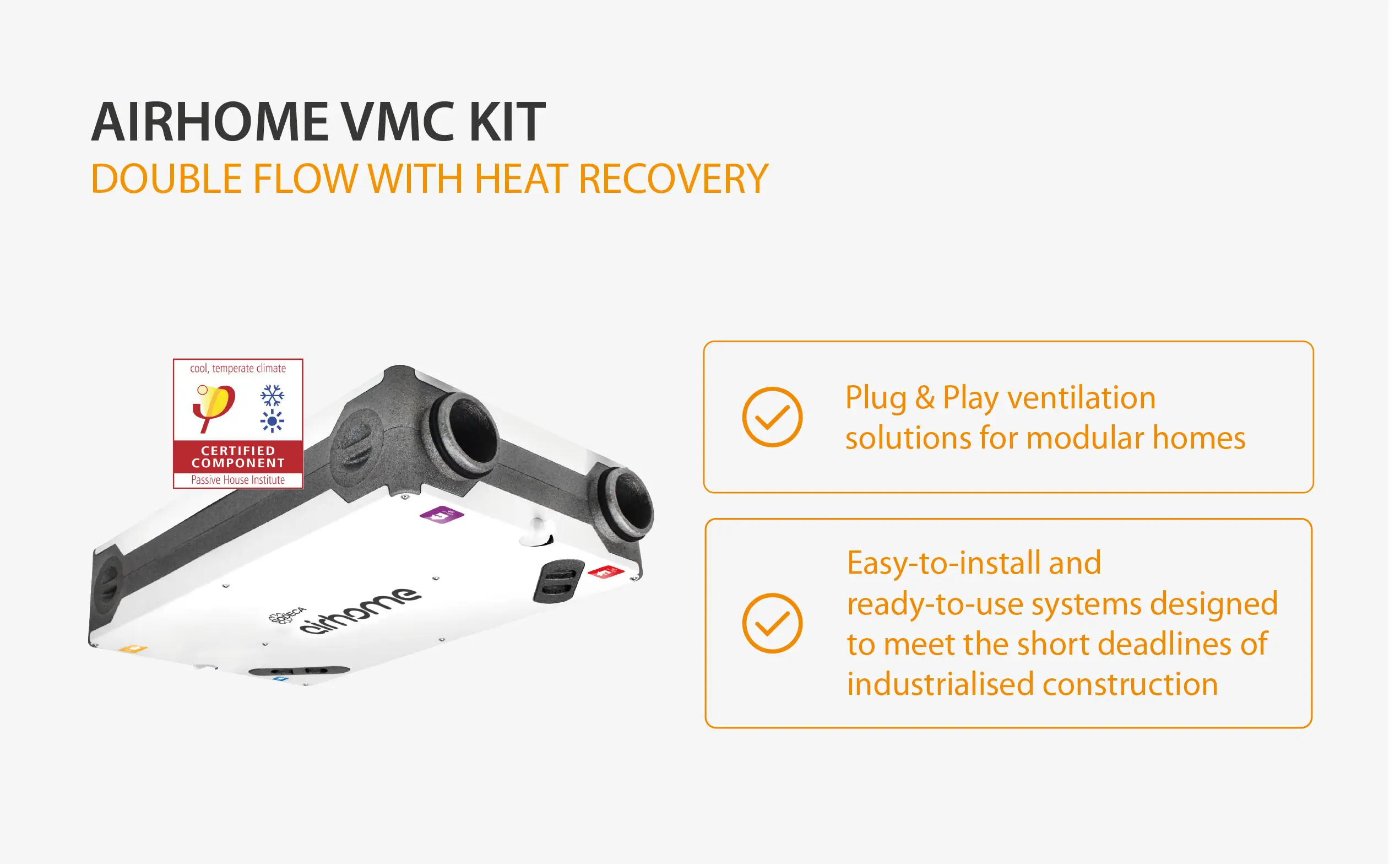 **ALT text:** SODECA AIRHOME VMC double-flow heat recovery unit, a Passivhaus-certified Plug & Play ventilation solution for modular homes.