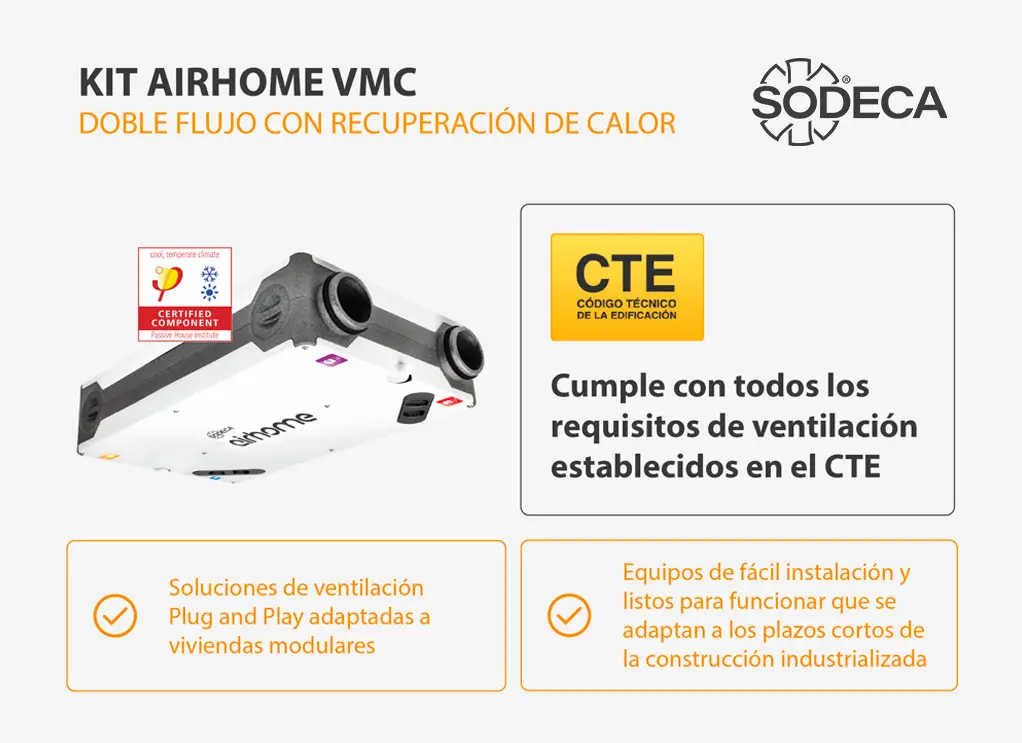 Kit AIRHOME VMC de doble flujo con recuperación de calor de SODECA, solución de ventilación para viviendas que cumple con los requisitos del CTE.