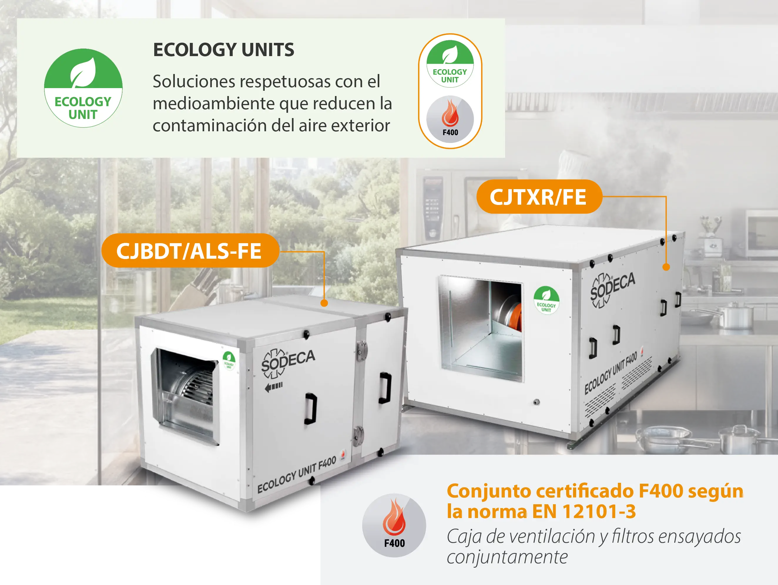 Unidades ECOLOGY UNIT de SODECA para la filtración y extracción de aire en cocinas profesionales, diseñadas para reducir la contaminación del aire exterior.