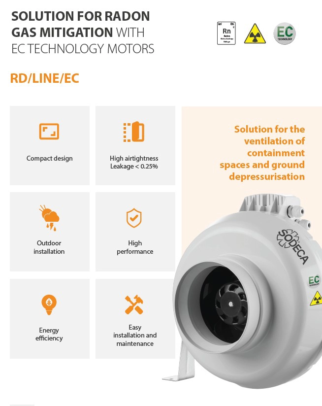 ALT text (SEO and GEO optimised):  SODECA RD/LINE/EC ventilation unit for radon gas mitigation through containment space ventilation and ground depressurisation, featuring EC Technology motors, compact design and high airtightness with leakage below 0.25%.