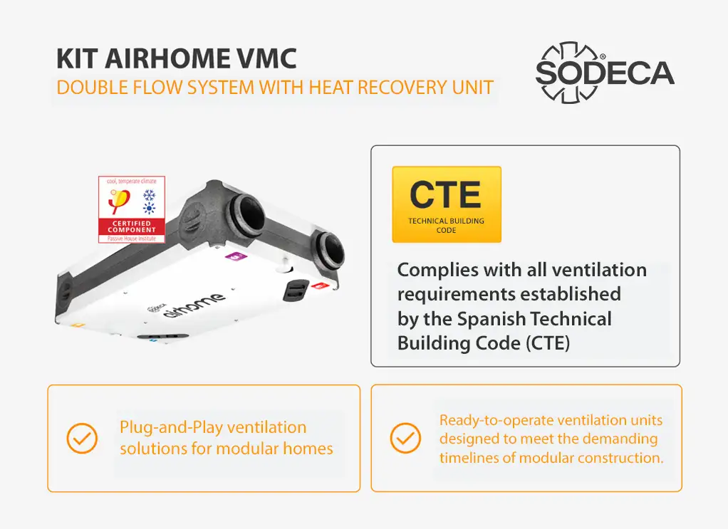 SODECA AIRHOME VMC double-flow ventilation system with heat recovery for residential buildings, compliant with Spanish CTE ventilation requirements.