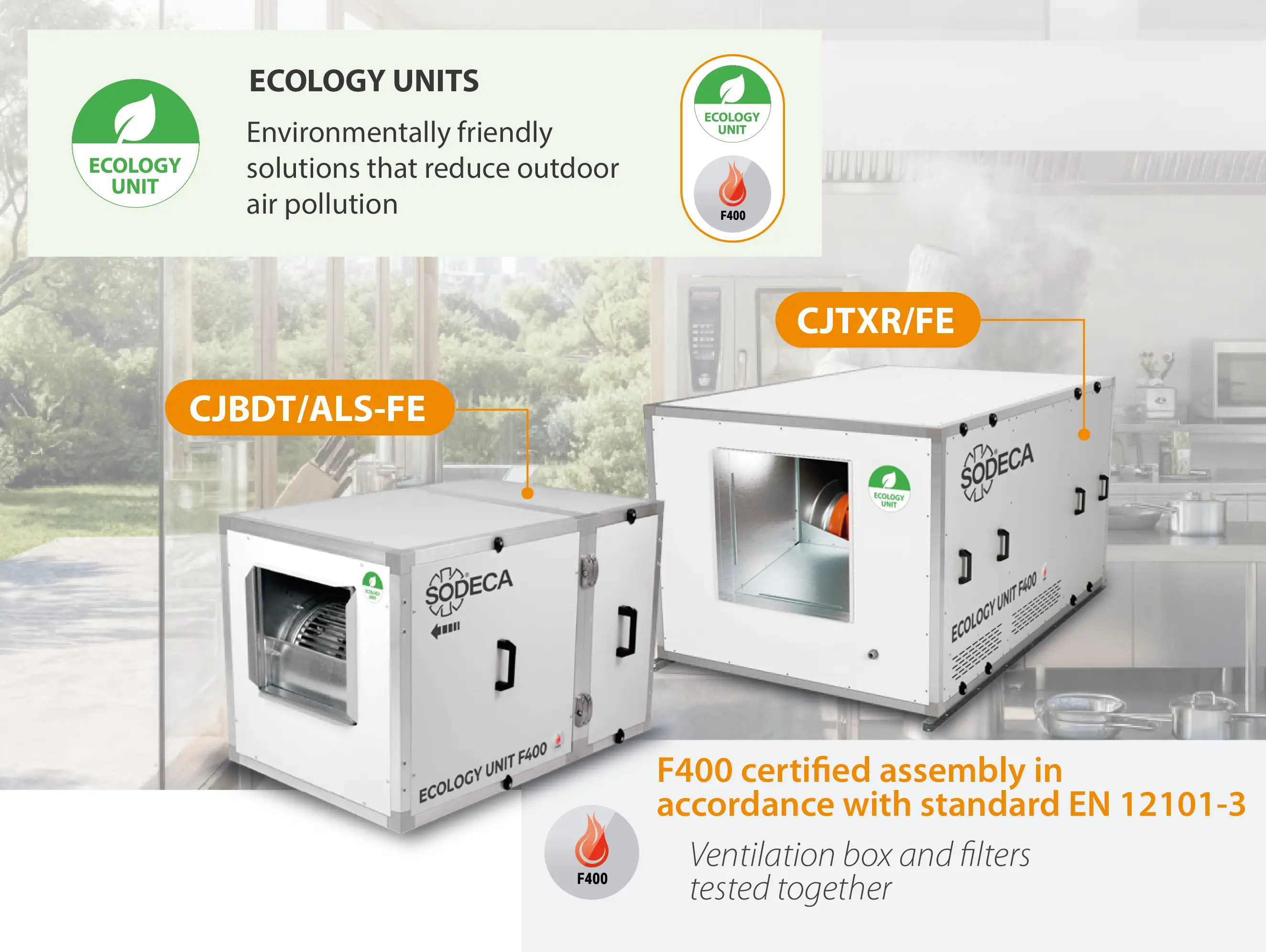 SODECA ECOLOGY UNIT ventilation and filtration systems for professional kitchens, designed to reduce outdoor air pollution.