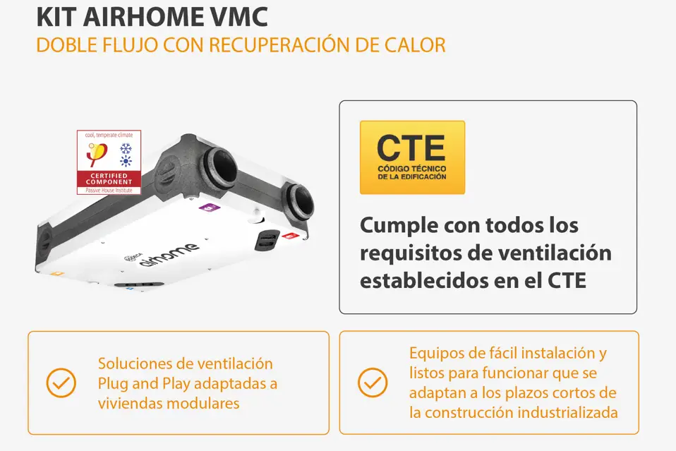 Kit AIRHOME VMC de doble flujo con recuperación de calor para viviendas modulares, certificado Passivhaus y conforme a los requisitos de ventilación del CTE.